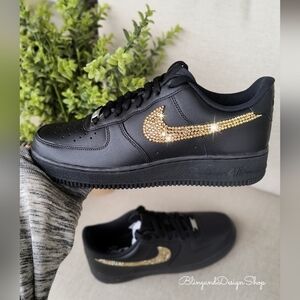 Bling Womens Nike Air Force 1 Black Sneakers Shoes with Gold Crystals